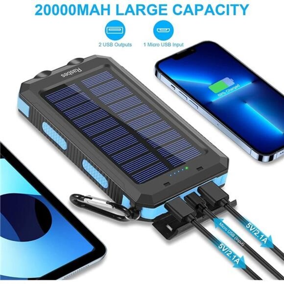 Solar Charger, 20000mAh Portable Solar Power Bank IPX5 Waterproof - Picture 2 of 6